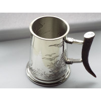 Pewter Tankard Jagtscene Kronhjort med horn håndtag, ikke graverbar.